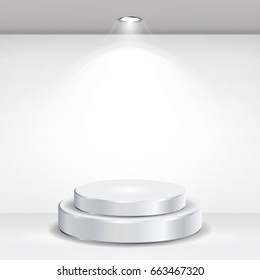 Round Empty Podium Vector. Realistic Tribune On Gallery Interior With Empty Wall And Lamps. Vector Illustration