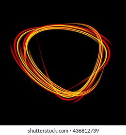 Round energy frame. Shining circle banner. Magic light neon energy circle. Glowing fire ring trace. Glitter sparkle swirl trail effect on black background. Orange color version. Easy to use.