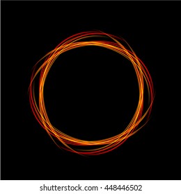 Round energy frame. Shining circle banner. Magic light neon energy circle. Glowing fire ring trace. Glitter sparkle swirl trail effect on black background. 