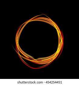Round energy frame. Shining circle banner. Magic light neon energy circle. Glowing fire ring trace. Glitter sparkle swirl trail effect on black background. 