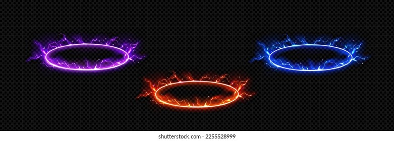 Round energy portal with lightnings. Circle electric frames with neon glow and discharges in angle view. Blue, red and purple electric rings isolated on transparent background, vector realistic set