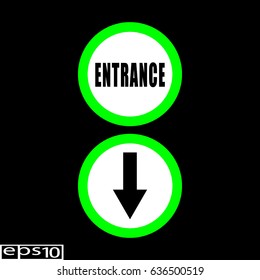Round entrance sign , icon and arrow sign, icon green thin line - vector illustration