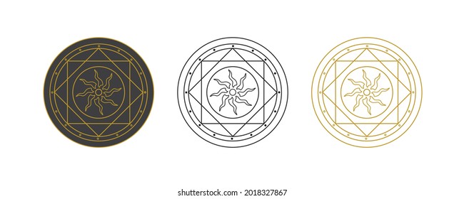 Round Esoteric Symbol with the sun. Magical Occult Sign for an icon or button. Set of Vector illustrations on a black and white isolated background