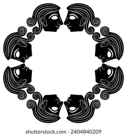 Runde ethnische Grenze mit stylisierten menschlichen Köpfen. Altes Minoan-Design. Schwarz-Weiß-Silhouette.