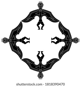 Round ethnic decor or frame with ancient Siberian ancestor idols. Fantastic winged totem bird man. Permian animal style. Black and white silhouette.