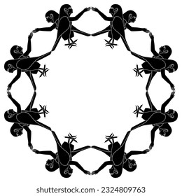 Round ethnic frame with ancient Egyptian Ba Birds. Sacred symbol of human soul. Black and white silhouette.