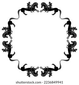 Round ethnic frame with ancient Greek riders. Vase painting style. Black and white negative silhouette.