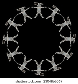Round ethnic frame with ancient Mayan goddess with serpent on her head. Codex design. Indigenous Native American art. On black background. 