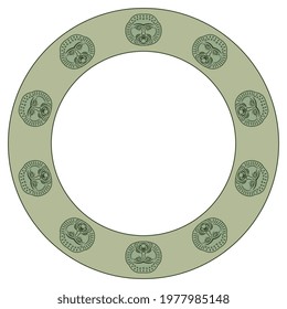 Round ethnic frame with Celtic masks of god Belenus. Bearded male face.