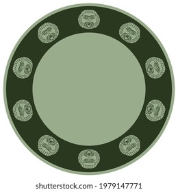Round ethnic frame with Celtic masks of god Belenus. Bearded male face.