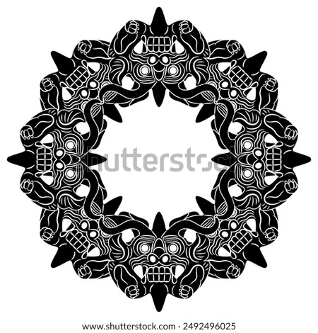 Round ethnic frame with Chinese dragon masks. Tang Dynasty design from ancient China. Fantastic mythological animal. Black and white silhouette.