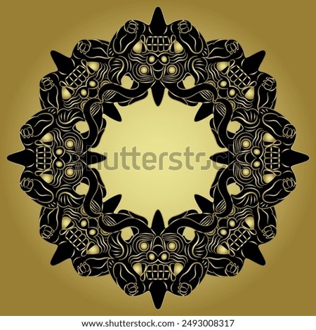 Round ethnic frame with Chinese dragon masks. Tang Dynasty design from ancient China. Fantastic mythological animal. Black and gold silhouette.