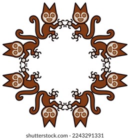 Round ethnic frame with fantastic animals. Stylized cats or squirrels. Paracas textile. Native American ethnic art of ancient Peru. Isolated vector illustration.