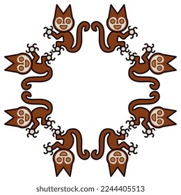 Round ethnic frame with fantastic animals. Stylized cats or squirrels. Paracas textile. Native American ethnic art of ancient Peru. Isolated vector illustration.