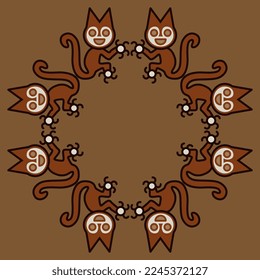 Round ethnic frame with fantastic animals. Stylized cats or squirrels. Paracas textile. Native American ethnic art of ancient Peru. On brown background.