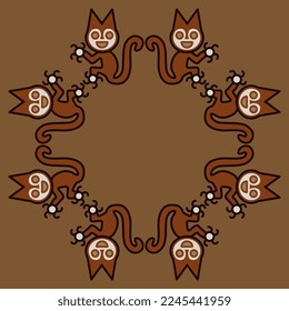 Round ethnic frame with fantastic animals. Stylized cats or squirrels. Paracas textile. Native American ethnic art of ancient Peru. On brown background.