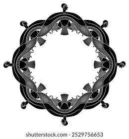 Round ethnic frame with fantastic winged men. Symbol of Ba soul from ancient Egyptian mythology. Black and white silhouette.