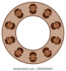 Round ethnic frame with heads of ancient Greek satyr. Vase painting style. Circular border ornament with bearded antique masks.