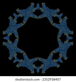 Round ethnic frame with medieval women wearing royal crowns. Blue and gold silhouette on black background.