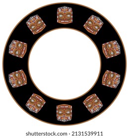 Round Ethnic Frame With Native American Masks Of Haida Indians. Circular Border.