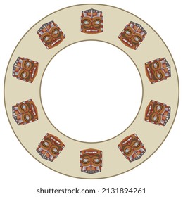 Round Ethnic Frame With Native American Masks Of Haida Indians. Circular Border.