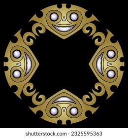 Round ethnic frame with Native American masks from ancient Panama. Golden glossy silhouette with white pearl beards on black background. Jewelry design.