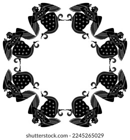 Round ethnic frame with winged ancient Greek goddesses. Black and white silhouette.