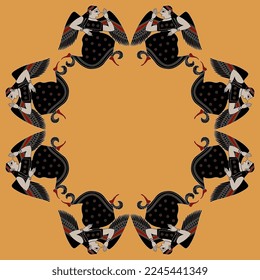 Round ethnic frame with winged ancient Greek goddesses. Vase painting style.