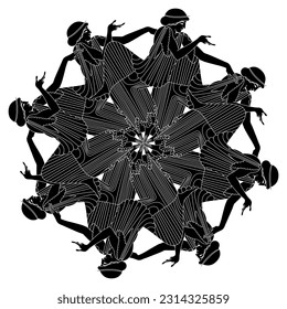 Round ethnic geometrical mandala with ancient Greek women. Creative feminist design. Black and white silhouette.