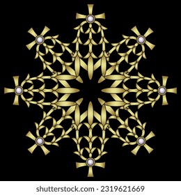 Round ethnic geometrical star shape ornament with ancient Egyptian motifs. Golden glossy silhouette with white pearl beads on black background. Jewelry design.