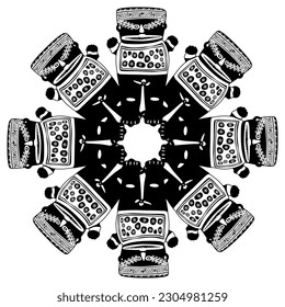 Round ethnic mandala with fantastic figurines. Female whale shark shaman. Indigenous native American art of ancient Peru. Chancay culture. Black and white silhouette.
