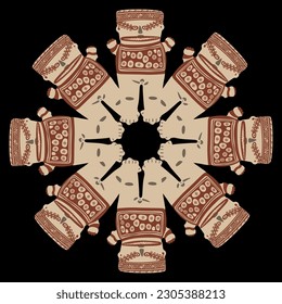 Round ethnic mandala with fantastic figurines. Female whale shark shaman. Indigenous native American art of ancient Peru. Chancay culture. On black background.