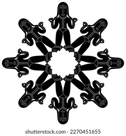 Round ethnic mandala with female figurines. Pagan goddess. Black and white silhouette. Permian animal style from ancient Siberia.