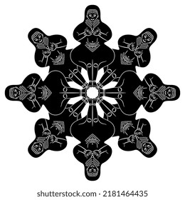 Round ethnic mandala with figurines of pagan Goddess. Ancient Iranian fertility symbol. Ishtar or Inanna. Black and white negative silhouette. 