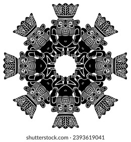 Round ethnic mandala or frame with figurines of ancient Egyptian dwarf god Bes. Black and white silhouette.