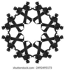 Round ethnic mandala or frame with standing Ancient Greek women. Vase painting style. Black and white silhouette.