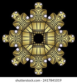 Round ethnic mandala with stylized human figurines. Native American pre Columbian art from Costa Rica. Yellow gold design with white decoration on black background.