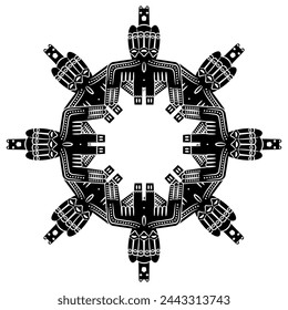 Round ethnic mandala. Tribal ancient Siberian totem idol. Permian animal style. Winged shaman deity with three faces. Black and white silhouette.