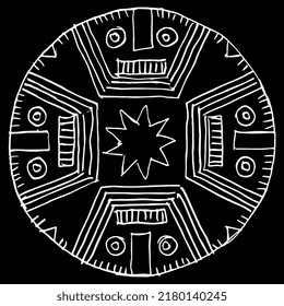 Round ethnic ornament with four stylized faces. Native American art of ancient Peru. Paracas style. Tribal mandala. Hand drawn linear sketch. White silhouette on black background.