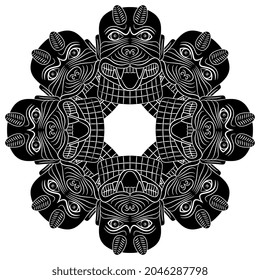 Round ethnic ornament or frame with monster heads of Assyrian or Babylonian evil demon Pazuzu. Black and white negative silhouette.