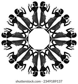 Round ethnic ornament or frame with standing ancient Egyptian men. Black and white silhouette.