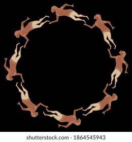Round ethnic ornament or frame with stylized humans. Ancient Etruscan or Greek motif. Vase painting style.