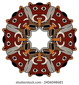 Round ethnic ornament or frame with tribal motifs. Fantastic animals from ancient Peru. Native American Andean art of Nazca Indians. Isolated vector illustration.