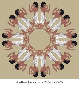 Round ethnic ornament or mandala with standing ancient Egyptian men. On yellow gold background.