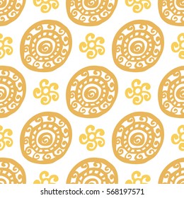 Round ethnic ornament seamless pattern. Vector. Yellow, orange, white. Seamless pattern for fabric, background.