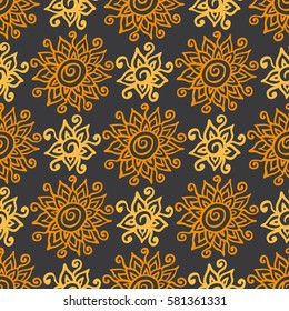 Round ethnic ornament seamless pattern. Vector. Orange, yellow, grey. Seamless pattern for fabric, background.