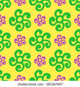 Round ethnic ornament seamless pattern. Vector. Yellow, green, purple. Seamless pattern for fabric, background.