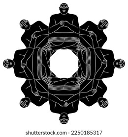 Round ethnic shape or mandala with seated ancient Sumerian men with folded hands. Black and white negative silhouette. Isolated vector illustration.