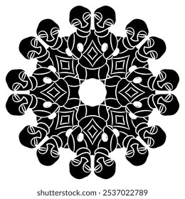 Round ethnic star shape mandala with two headed idols. Neolithic human figurine from Vinča culture, Serbia. Black and white silhouette.