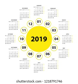 Round european calendar 2019 week start from monday. Vector calendar 2019 design template. White background. Minimalism Style. Vector illustration.